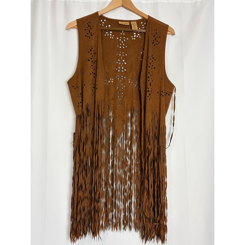 Wrangler Womens Boho Western Faux Suede Fringe Vest Brown Cowgirl Country Large